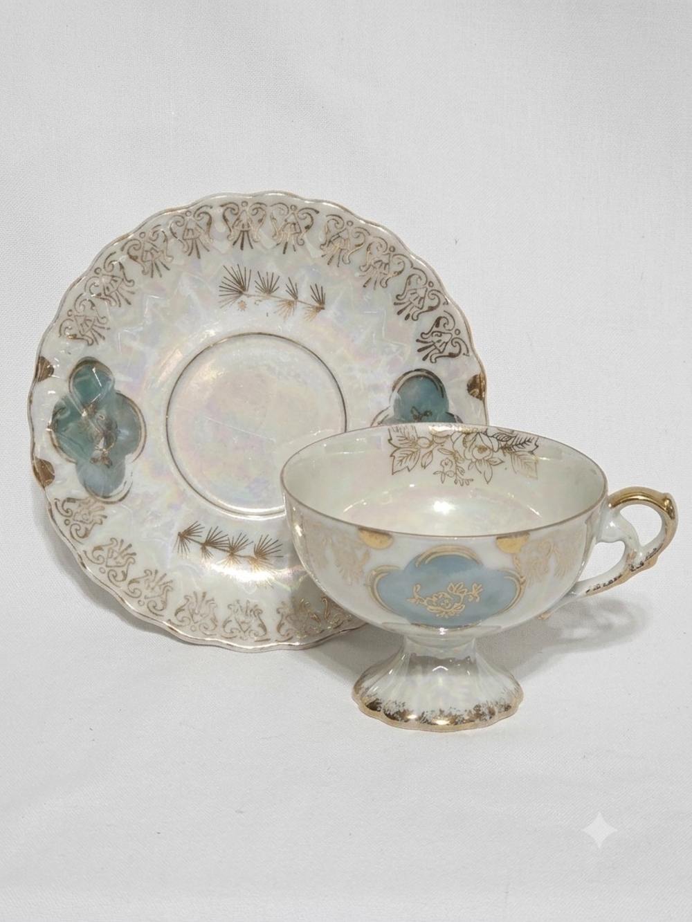 Vintage Japan Iridescent Lusterware Footed Teacup & Saucer Set Gold Blue Floral